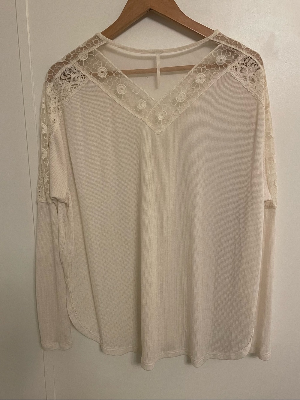 Free People Lola Lace-Trim V-Neck Long Sleeve Top Angel Food Ivory Cream M boho - Picture 5 of 9